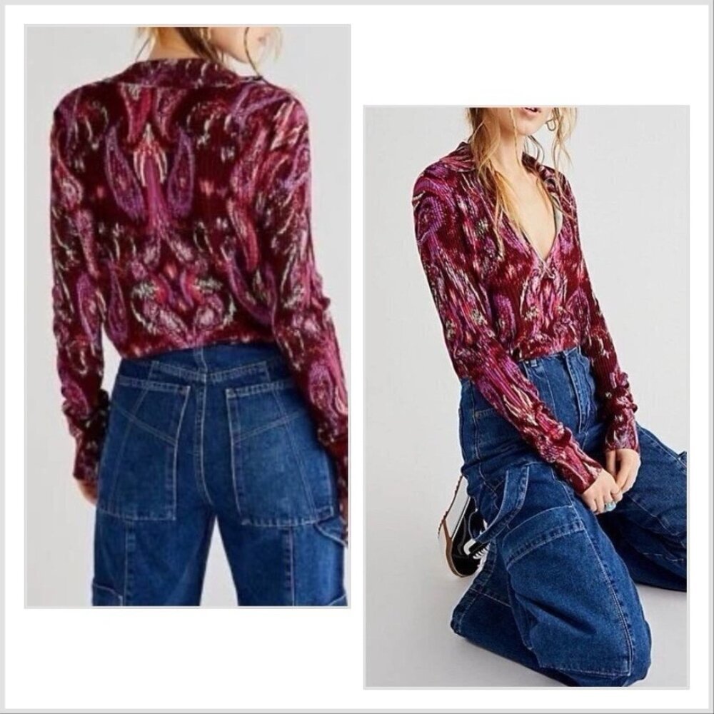 Free People Long Sleeve Cropped Collared Sweater Size XS Boho Hippie Fairy Y2K